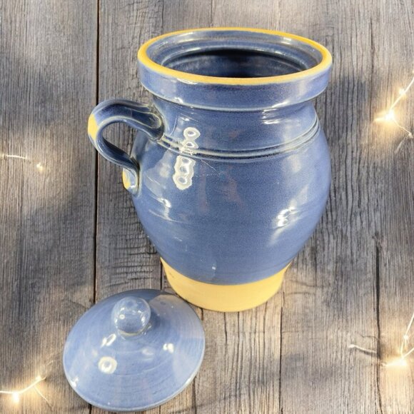 Rowe Pottery Cambridge Works Blue Glazed Jug Handle Pitcher Flower Canister Jar - Picture 3 of 16